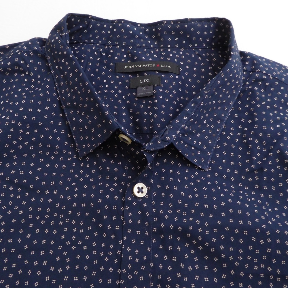 John Varvatos USA Mens Button Down Shirt Blue Geometric Luxe Cotton Elastane XL
